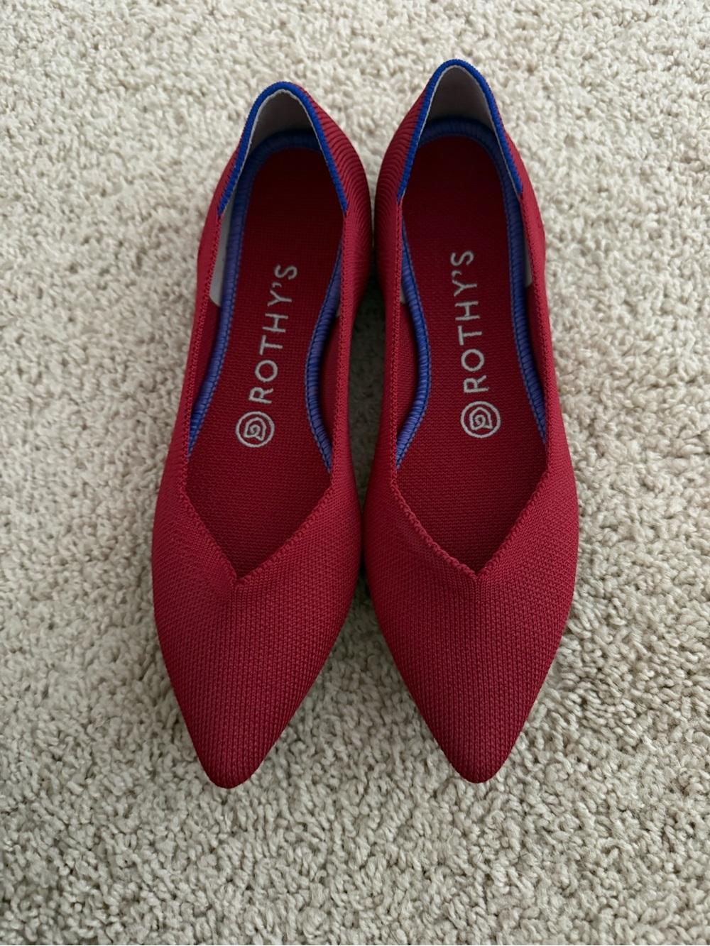 Rothy's Red Pointed Knit Flats with Blue Trim
